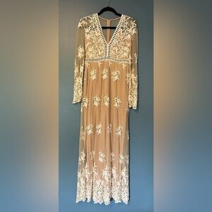 Lace Maxi Dress, Tan White. Empire Waist and V Neckline. Layered Feminine Soft